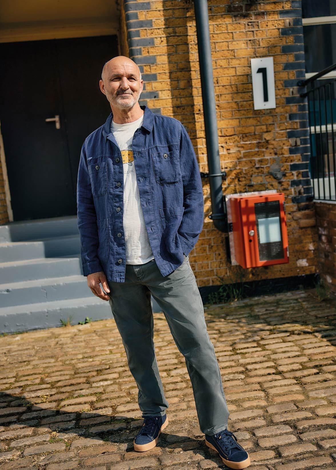 Man in blue denim shirt and trousers